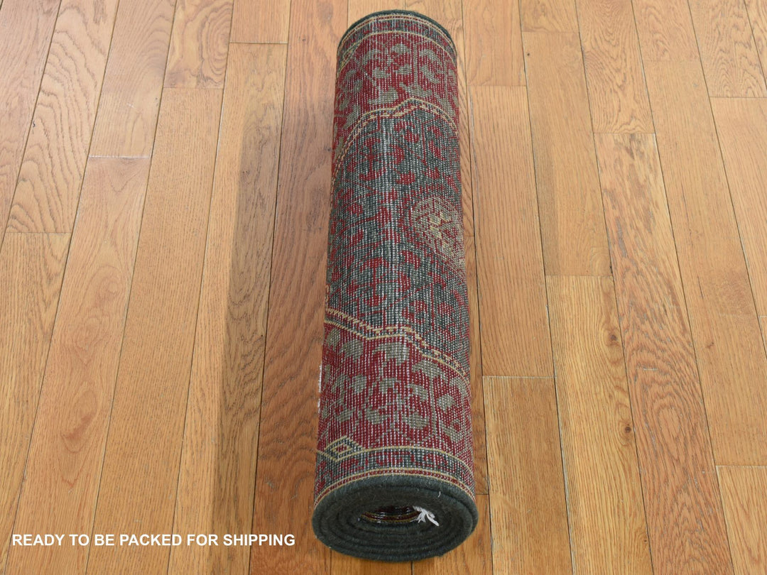 2'6" x 9'10" New Hand Knotted Green Worn Wool Runner Oriental Rug - MOA10287265