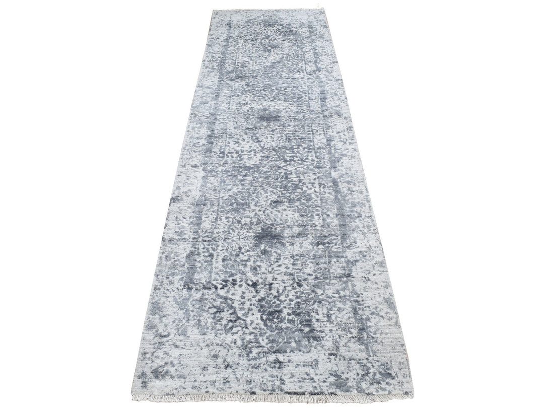 2'8" x 10'0" New Hand Knotted Grey Wool & Pure Silk Runner Oriental Rug - MOA10287269