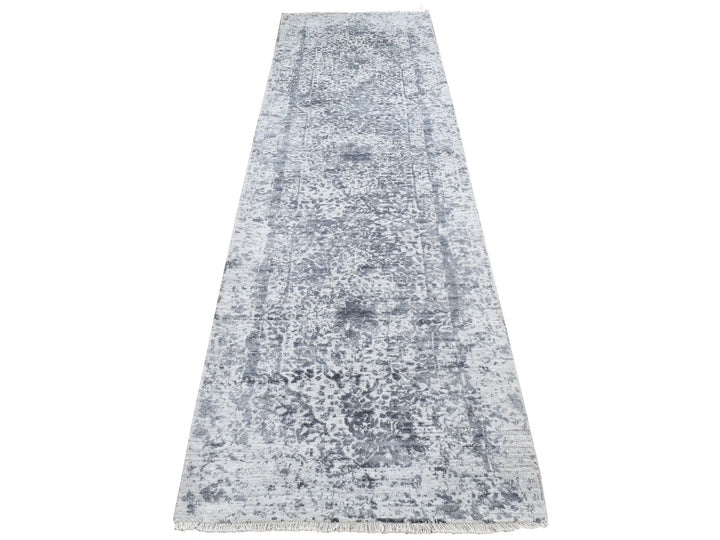 2'8" x 10'0" New Hand Knotted Grey Wool & Pure Silk Runner Oriental Rug - MOA10287269