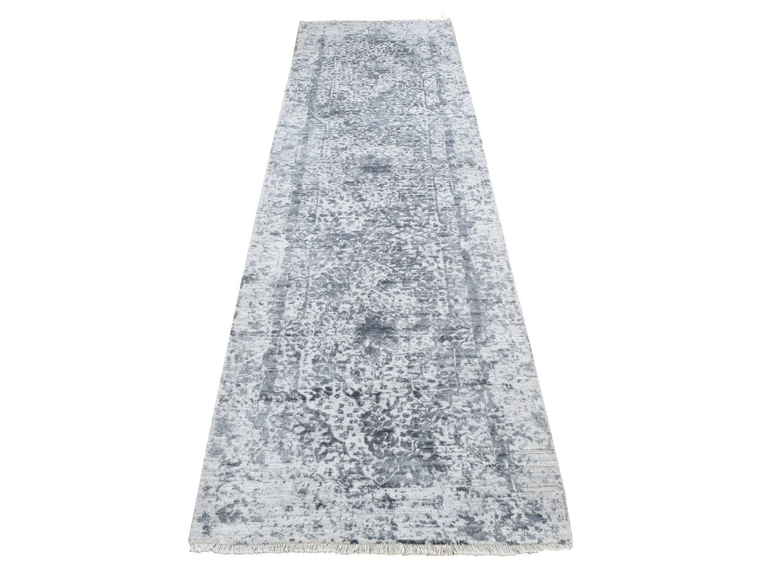 2'8" x 10'0" New Hand Knotted Grey Wool & Pure Silk Runner Oriental Rug - MOA10287270