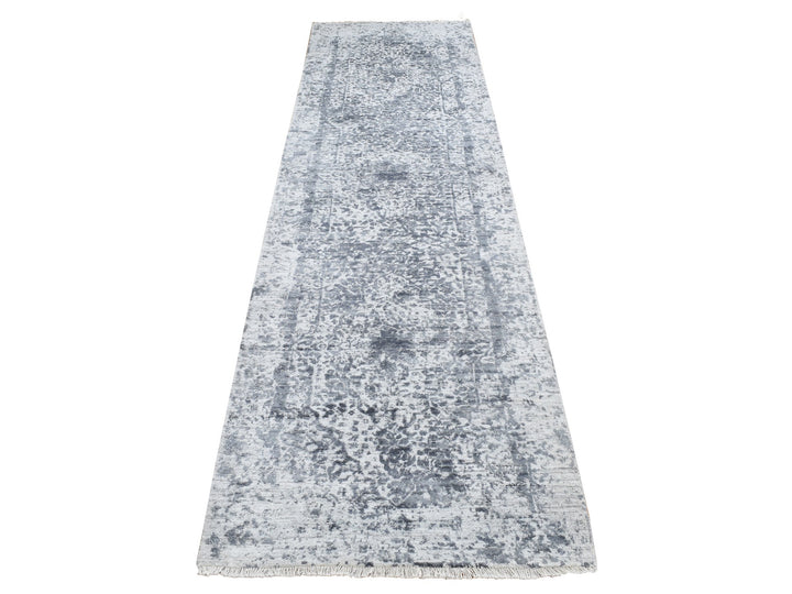 2'8" x 10'0" New Hand Knotted Grey Wool & Pure Silk Runner Oriental Rug - MOA10287270