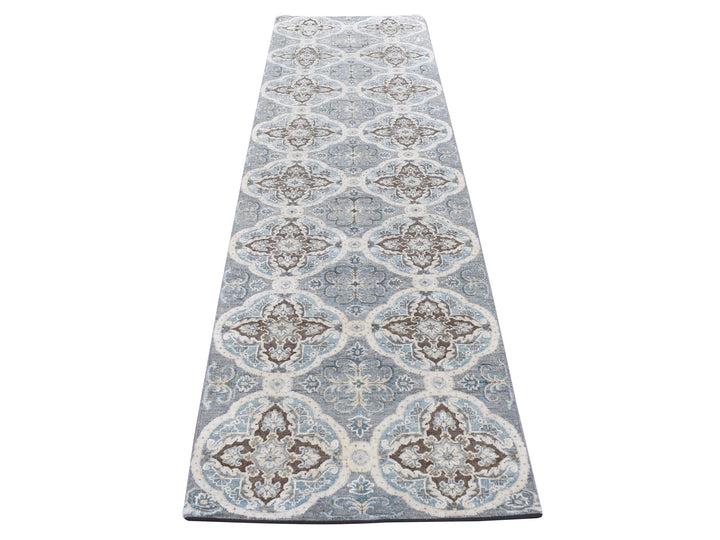 2'7" x 9'10" New Hand Knotted Grey Wool & Silk Runner Oriental Rug - MOA10287276