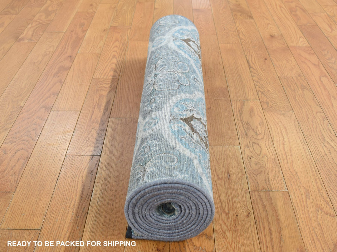 2'7" x 9'10" New Hand Knotted Grey Wool & Silk Runner Oriental Rug - MOA10287276