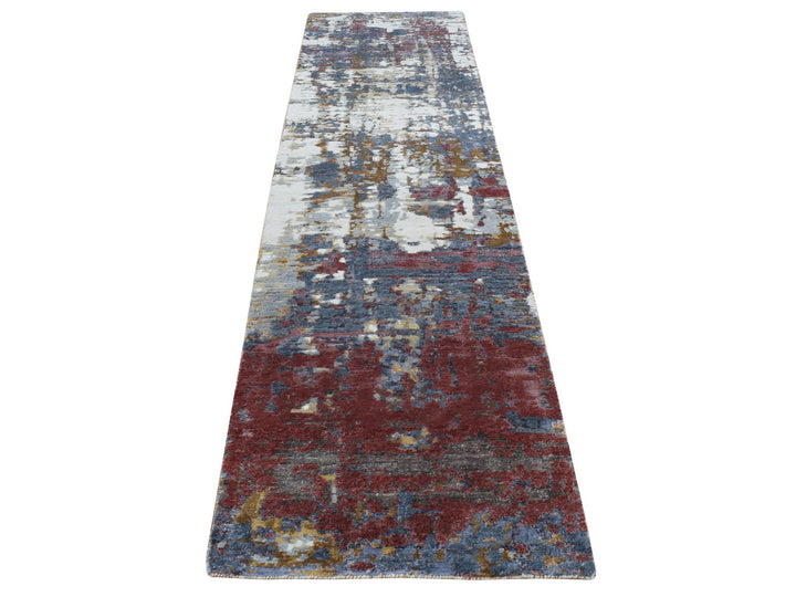 2'6" x 10'0" New Hand Knotted Grey Wool & Silk Runner Oriental Rug - MOA10287277