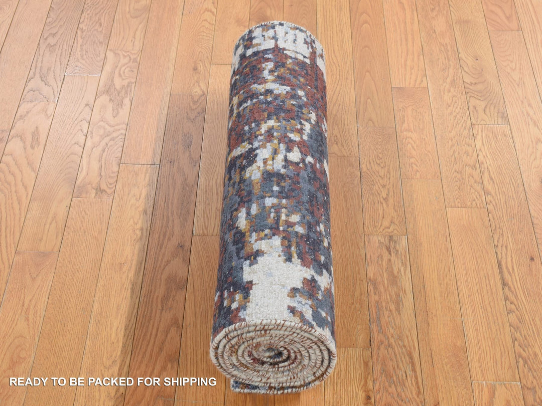 2'6" x 10'0" New Hand Knotted Grey Wool & Silk Runner Oriental Rug - MOA10287277