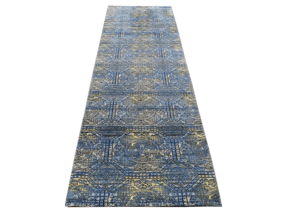 2'8" x 9'1" New Hand Knotted Blue Wool & Silk Runner Oriental Rug - MOA10287279