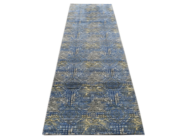 2'8" x 9'1" New Hand Knotted Blue Wool & Silk Runner Oriental Rug - MOA10287279