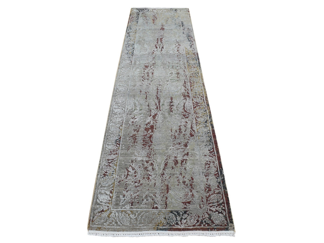 2'6" x 9'10" New Hand Knotted Grey Wool & Silk Runner Oriental Rug - MOA10287283