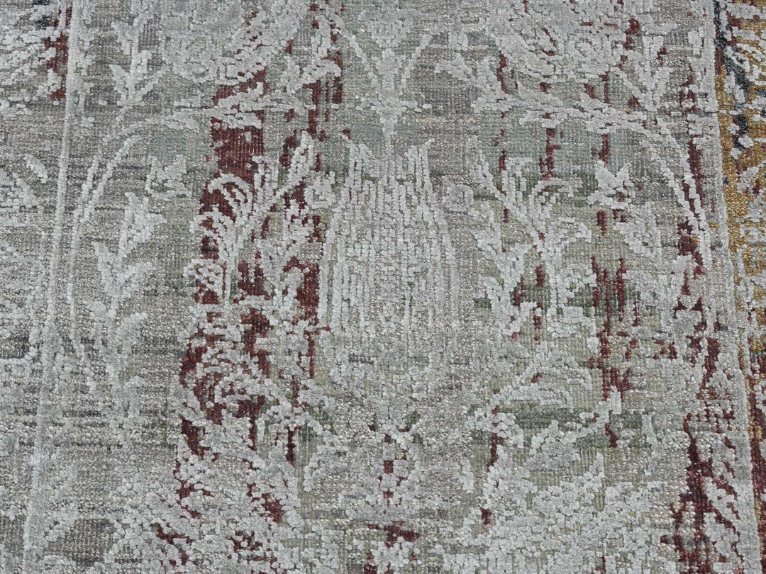 2'6" x 9'10" New Hand Knotted Grey Wool & Silk Runner Oriental Rug - MOA10287283