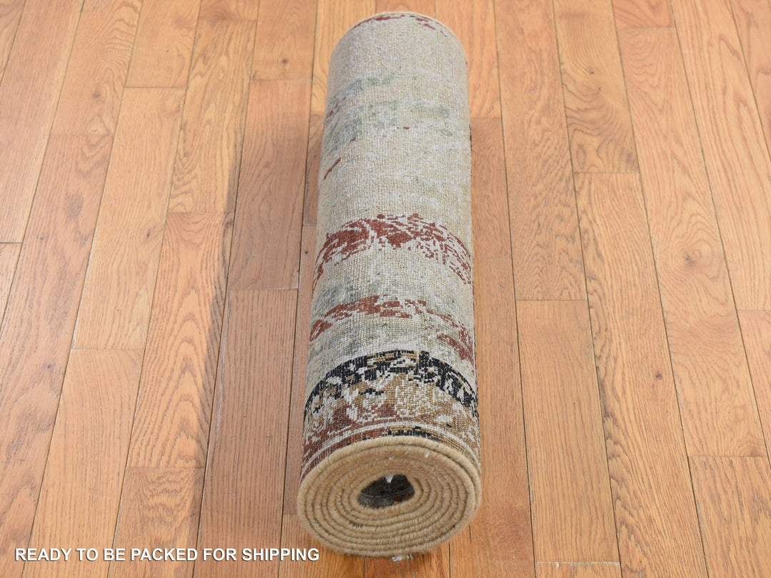 2'6" x 9'10" New Hand Knotted Grey Wool & Silk Runner Oriental Rug - MOA10287283