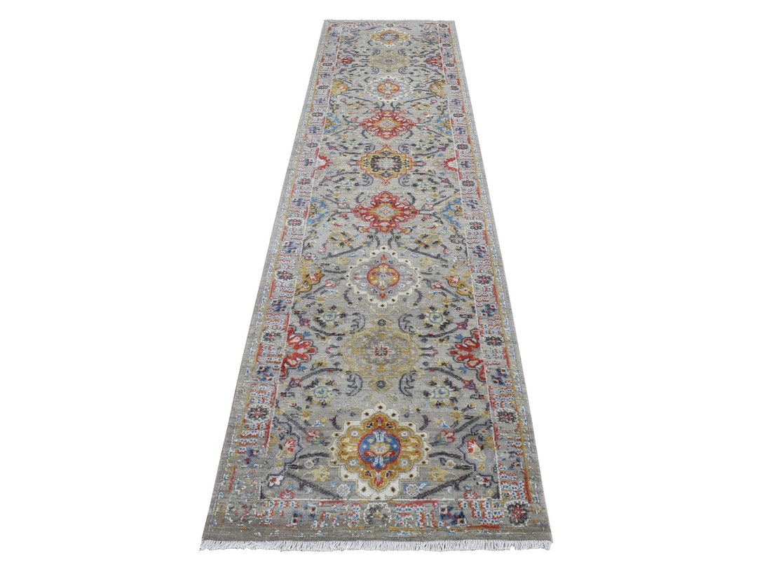 2'6" x 10'0" New Hand Knotted Grey Wool & Silk Runner Oriental Rug - MOA10287285