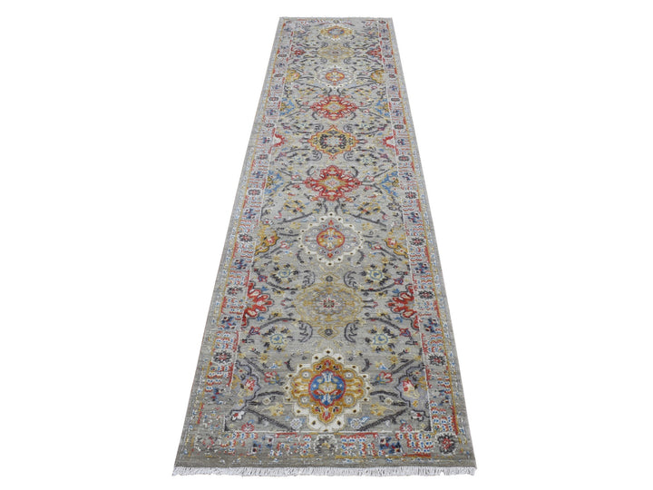2'6" x 10'0" New Hand Knotted Grey Wool & Silk Runner Oriental Rug - MOA10287285