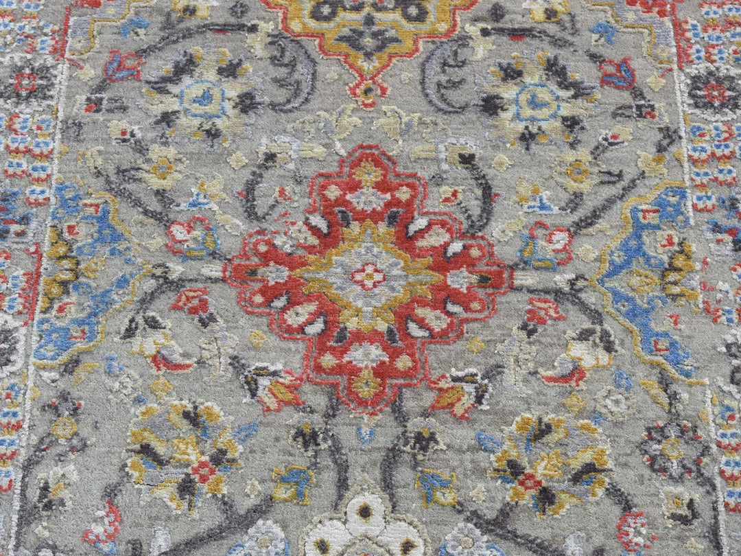 2'6" x 10'0" New Hand Knotted Grey Wool & Silk Runner Oriental Rug - MOA10287285