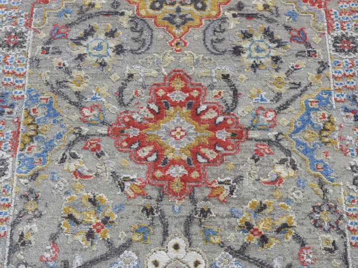 2'6" x 10'0" New Hand Knotted Grey Wool & Silk Runner Oriental Rug - MOA10287285