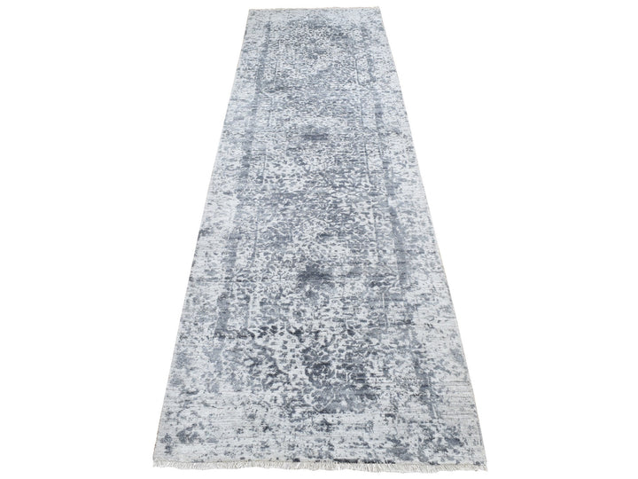 2'7" x 7'10" New Hand Knotted Grey Wool & Silk Runner Oriental Rug - MOA10287291