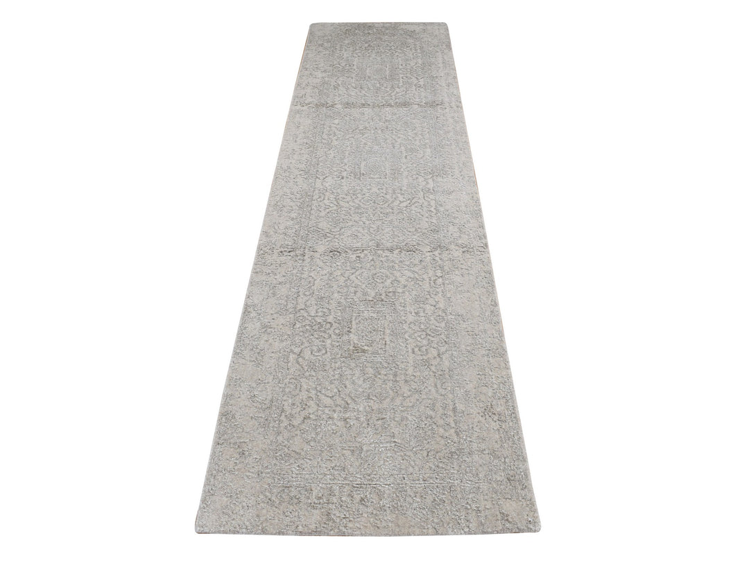2'5" x 12'0" New Hand Loomed Grey Wool & Silk Runner Oriental Rug - MOA10287306