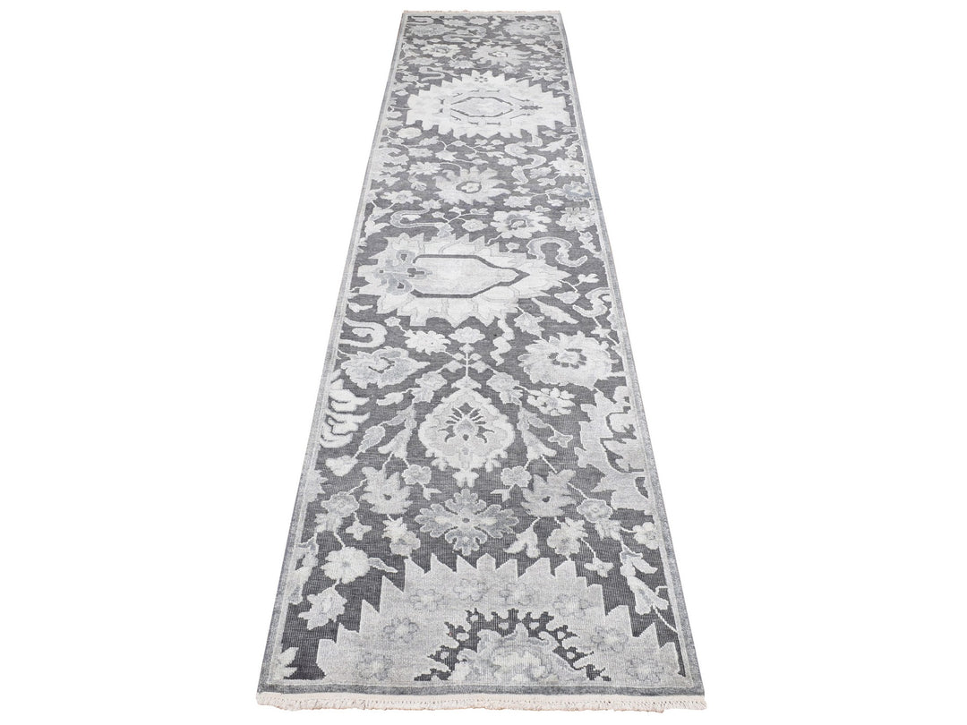 2'6" x 11'10" New Hand Knotted Grey Wool & Silk Runner Oriental Rug - MOA10287307