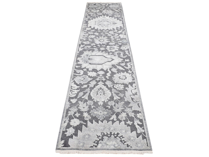 2'6" x 11'10" New Hand Knotted Grey Wool & Silk Runner Oriental Rug - MOA10287307