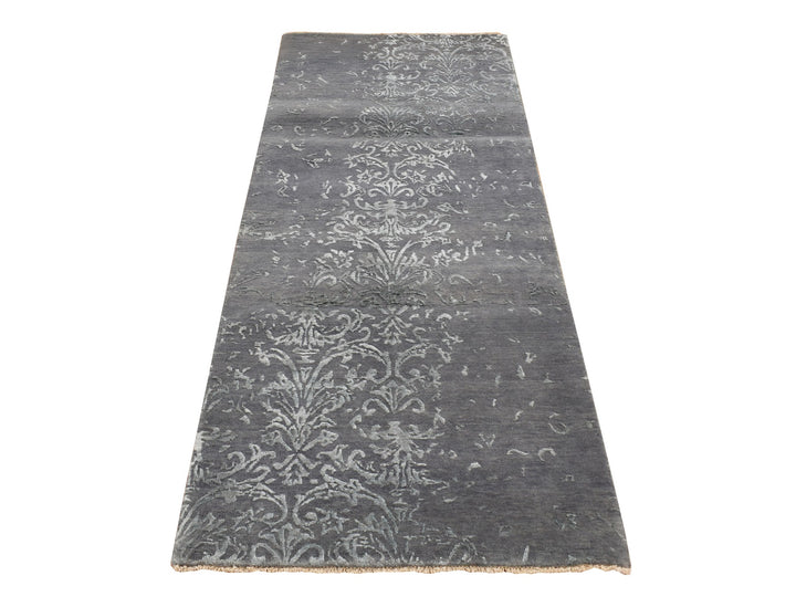 2'6" x 6'9" New Hand Knotted Grey Wool & Silk Runner Oriental Rug - MOA10287330