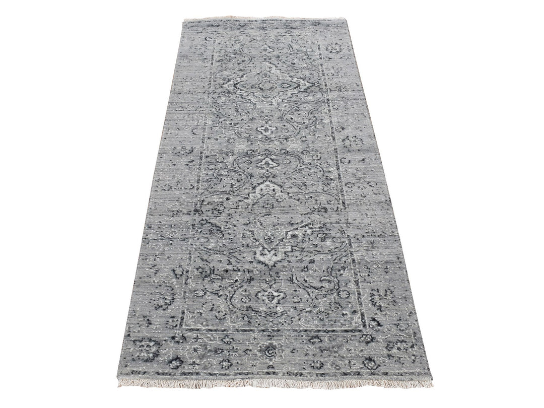 2'6" x 6'0" New Hand Knotted Grey Wool & Silk Runner Oriental Rug - MOA10287331