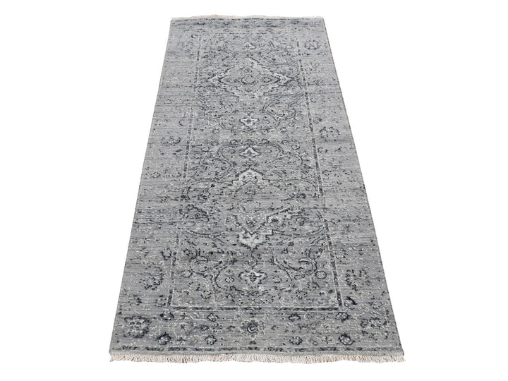 2'6" x 6'0" New Hand Knotted Grey Wool & Silk Runner Oriental Rug - MOA10287331
