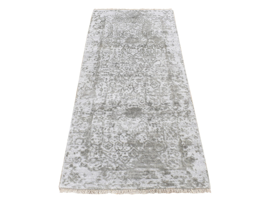 2'7" x 6'0" New Hand Knotted Grey Wool & Silk Runner Oriental Rug - MOA10287333