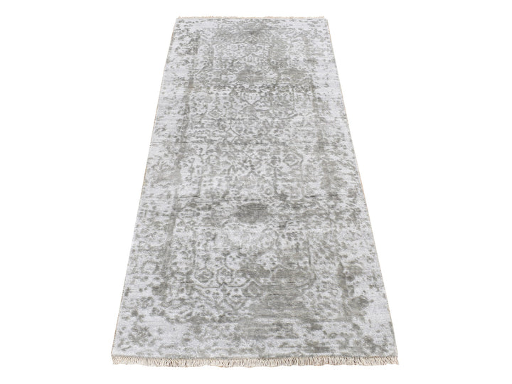 2'7" x 6'0" New Hand Knotted Grey Wool & Silk Runner Oriental Rug - MOA10287333