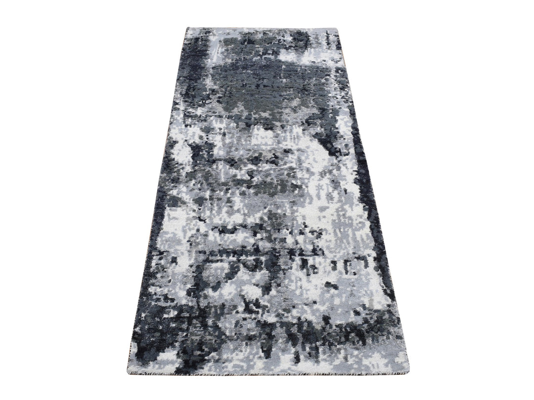2'7" x 6'2" New Hand Knotted Black Wool & Silk Runner Oriental Rug - MOA10287339