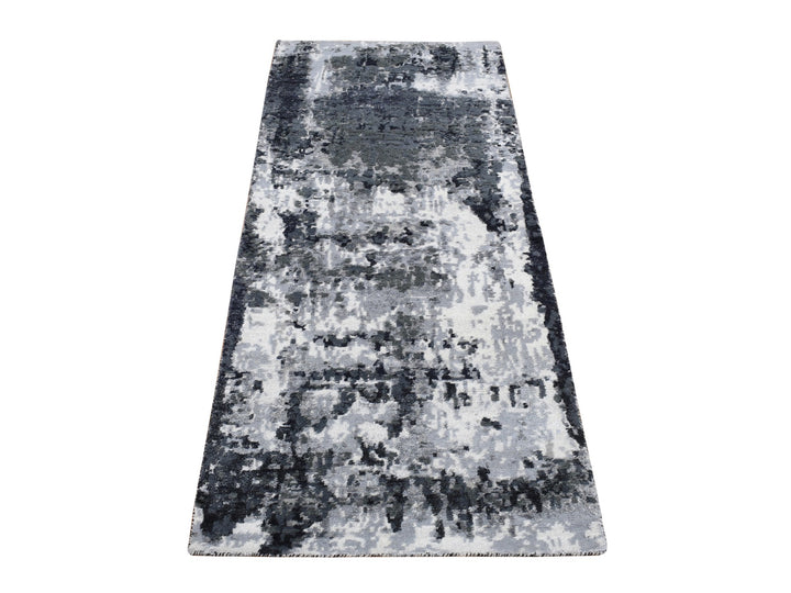 2'7" x 6'2" New Hand Knotted Black Wool & Silk Runner Oriental Rug - MOA10287339