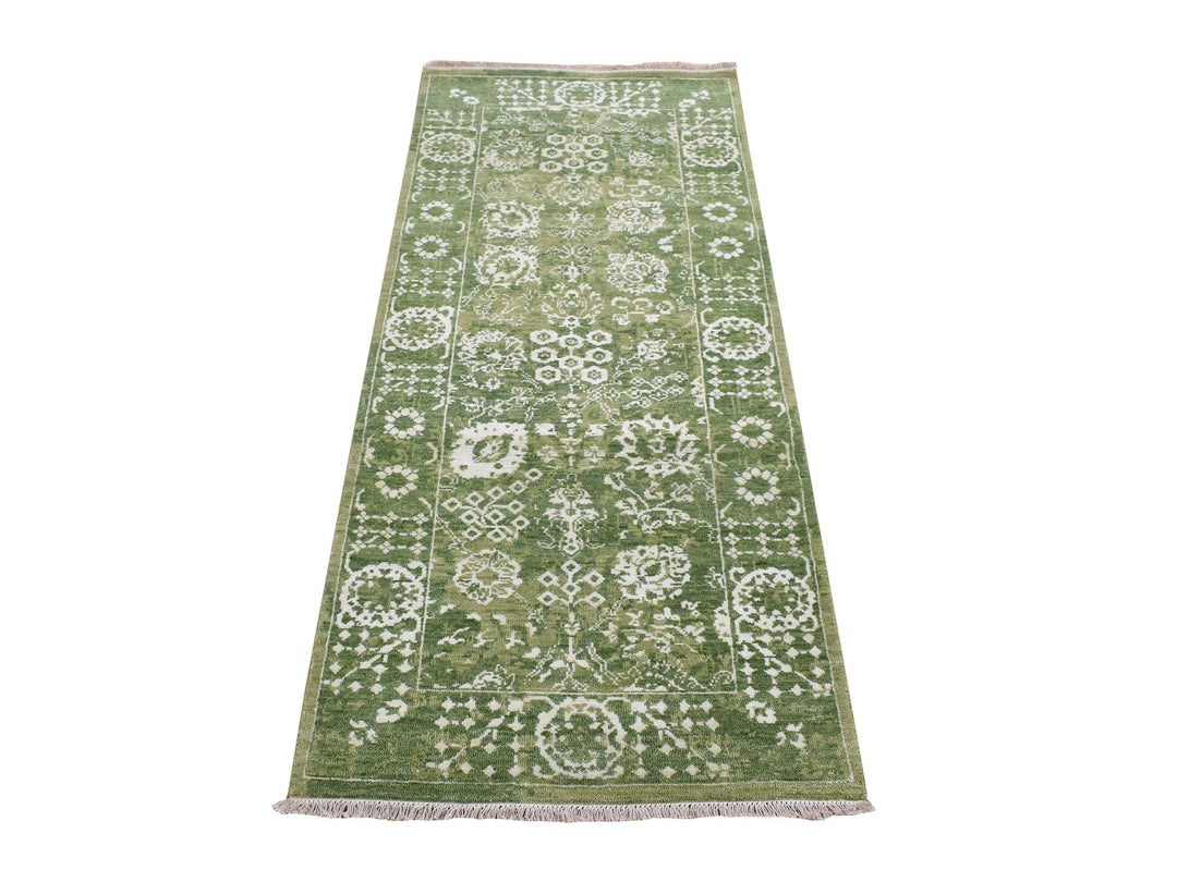 2'6" x 6'0" New Hand Knotted Green Wool & Silk Runner Oriental Rug - MOA10287344