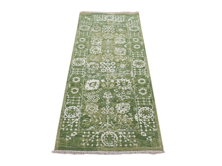 2'6" x 6'0" New Hand Knotted Green Wool & Silk Runner Oriental Rug - MOA10287344