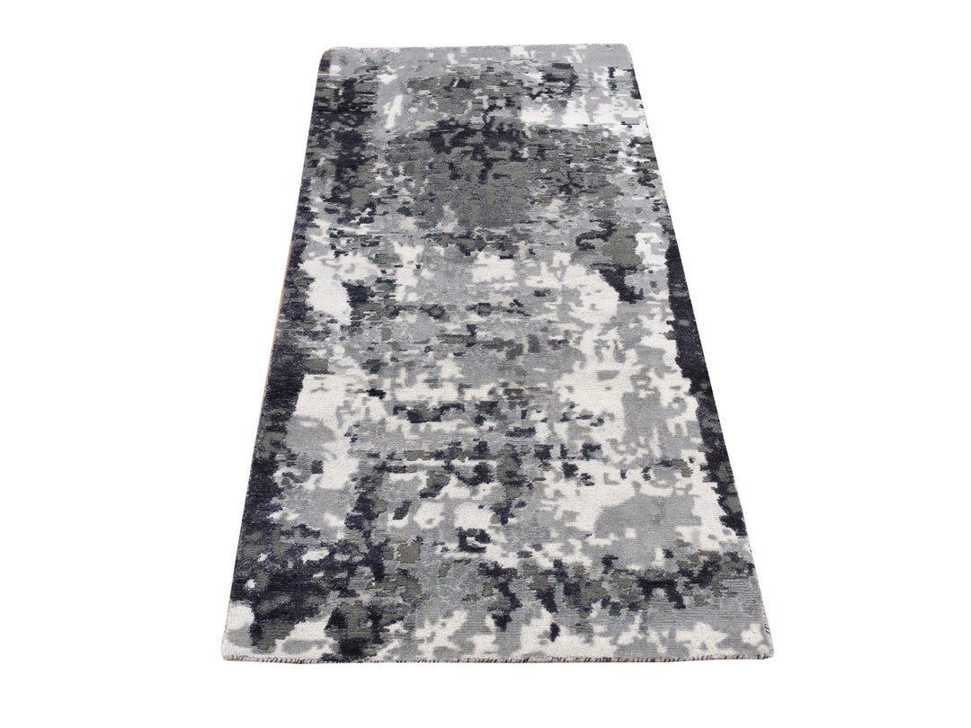 2'7" x 5'9" New Hand Knotted Black Wool & Silk Runner Oriental Rug - MOA10287347