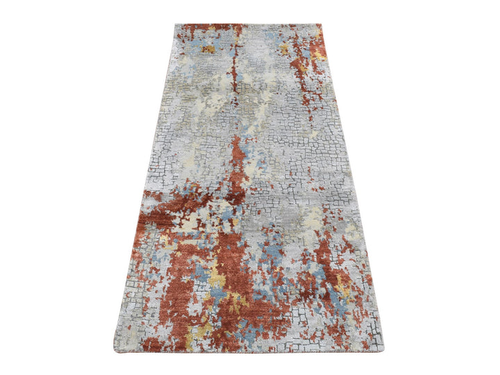 2'6" x 5'10" New Hand Knotted Grey Wool & Silk Runner Oriental Rug - MOA10287351