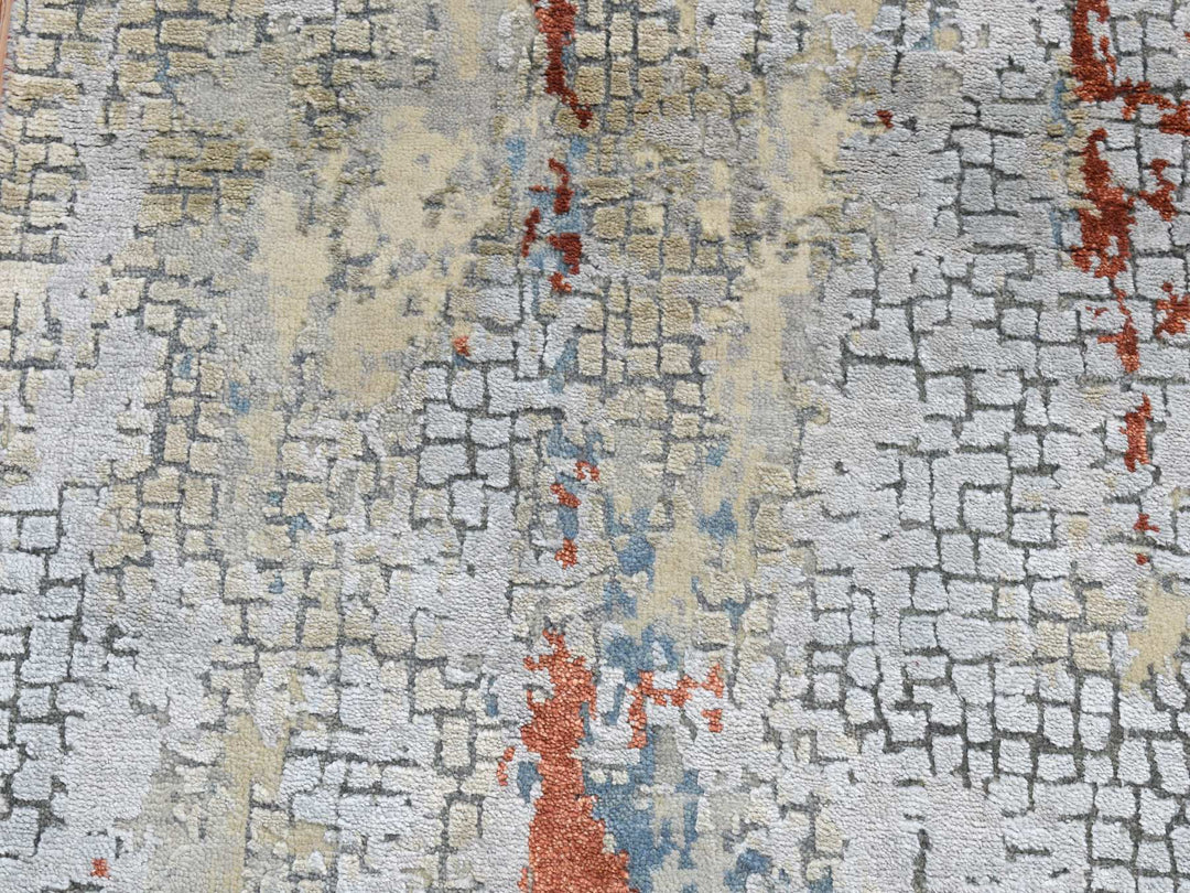 2'6" x 5'10" New Hand Knotted Grey Wool & Silk Runner Oriental Rug - MOA10287351