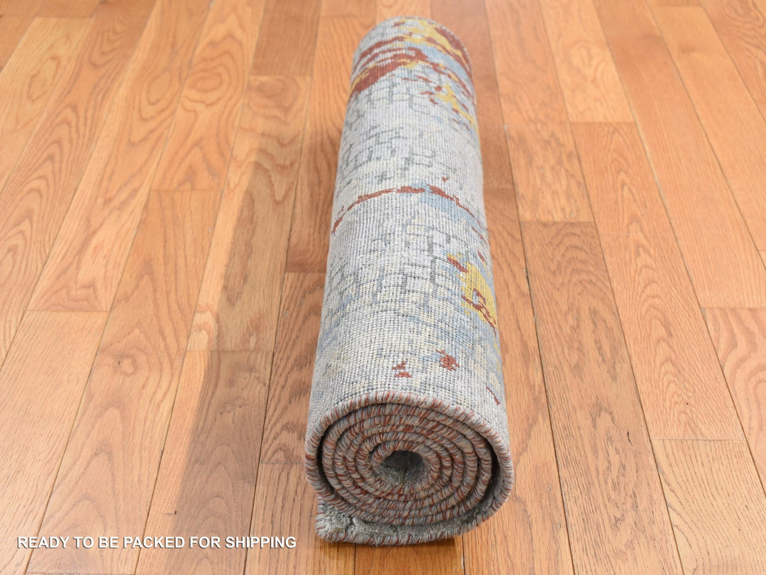 2'6" x 5'10" New Hand Knotted Grey Wool & Silk Runner Oriental Rug - MOA10287351