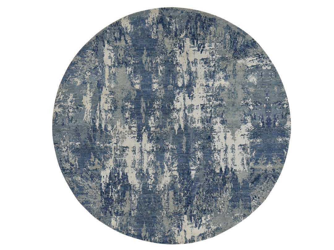 8'1" x 8'1" New Hand Knotted Blue Wool & Pure Silk Round Oriental Rug - MOA10287356