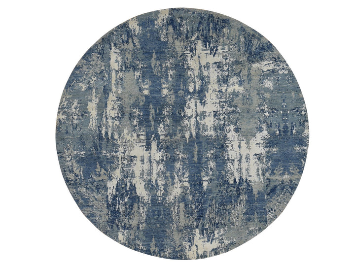 8'1" x 8'1" New Hand Knotted Blue Wool & Pure Silk Round Oriental Rug - MOA10287356