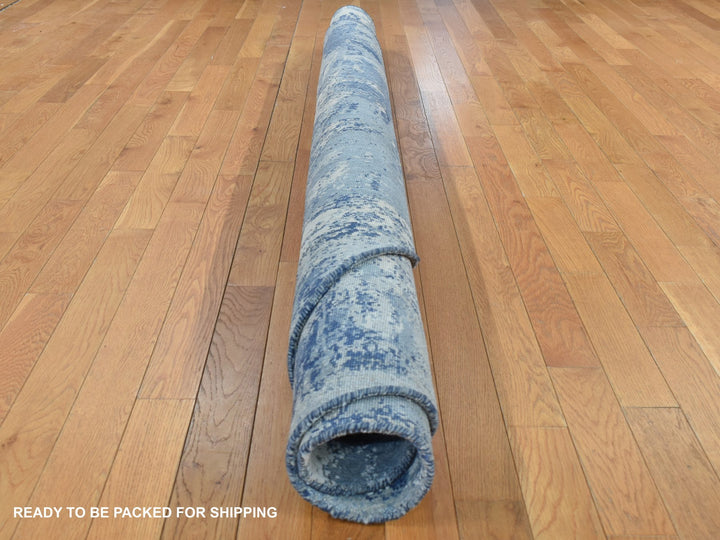 8'1" x 8'1" New Hand Knotted Blue Wool & Pure Silk Round Oriental Rug - MOA10287356
