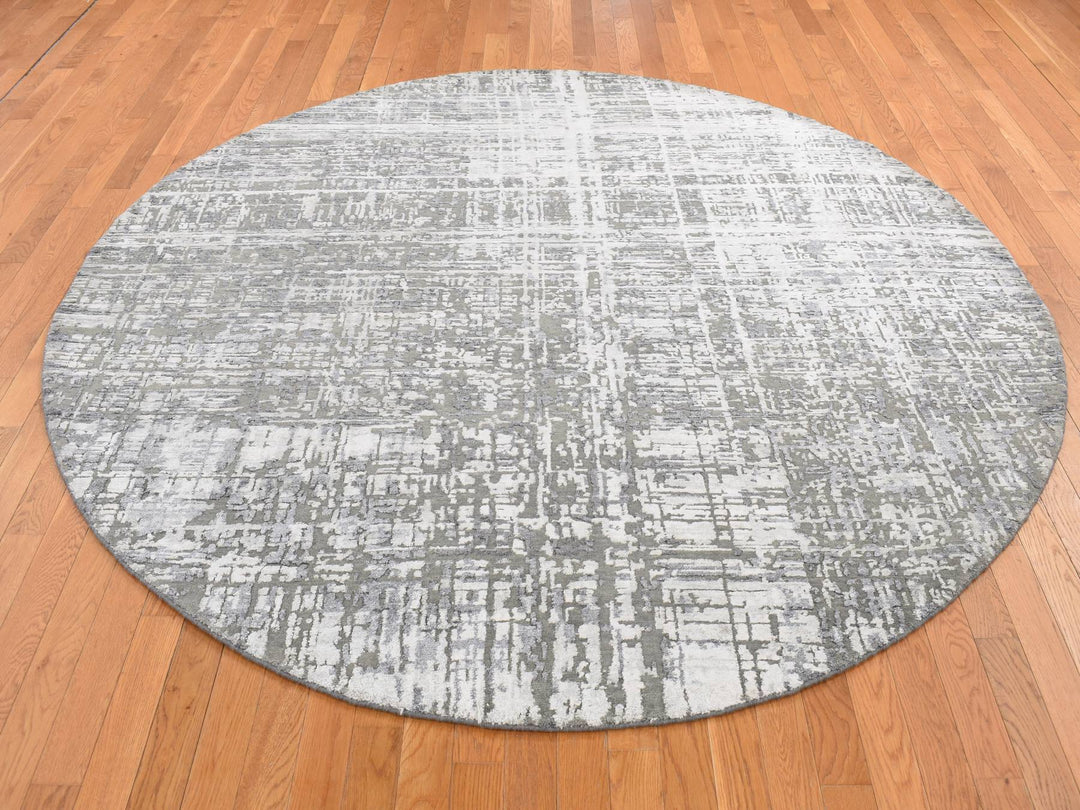 8'2" x 8'2" New Hand Knotted Grey Wool & Silk Round Oriental Rug - MOA10287361