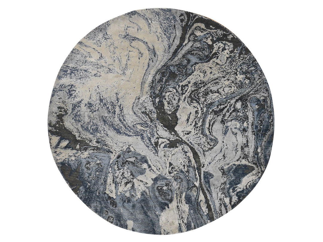 8'1" x 8'1" New Hand Knotted Blue Wool & Silk Round Oriental Rug - MOA10287362