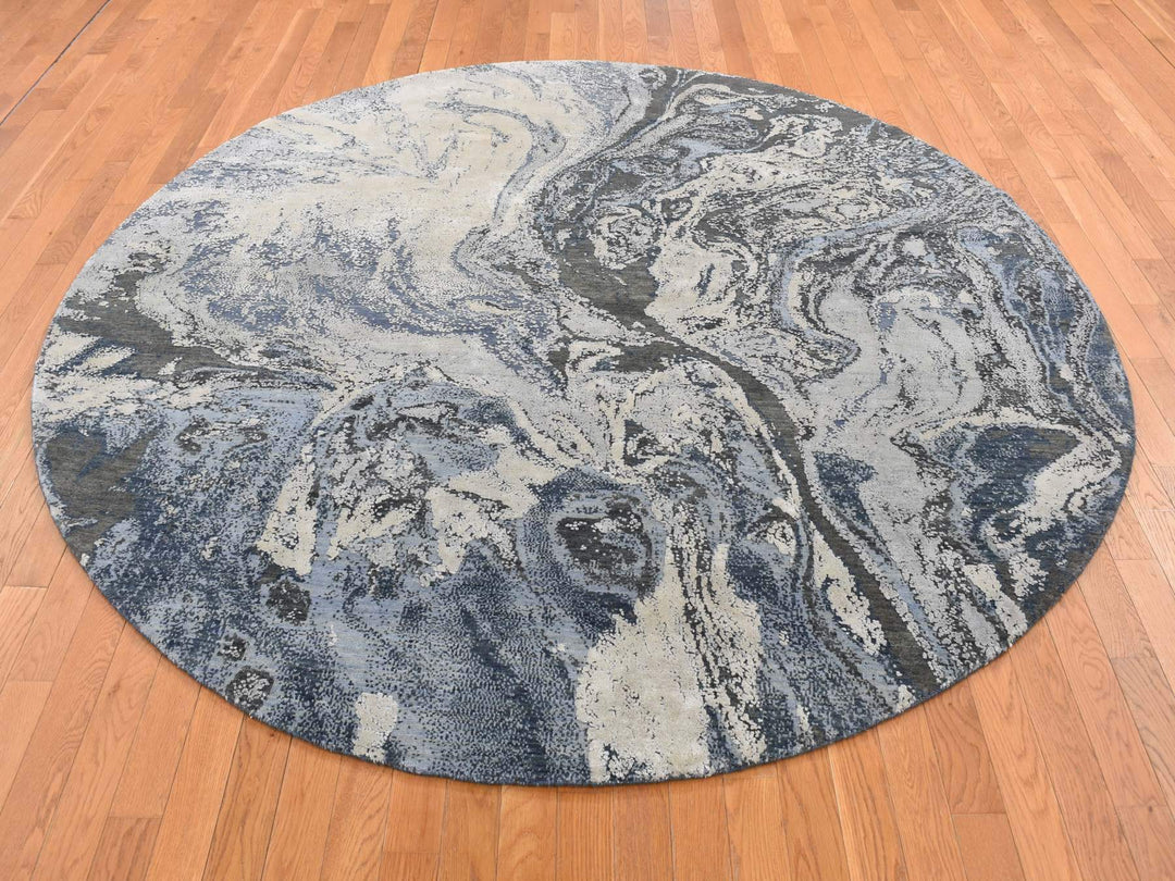 8'1" x 8'1" New Hand Knotted Blue Wool & Silk Round Oriental Rug - MOA10287362
