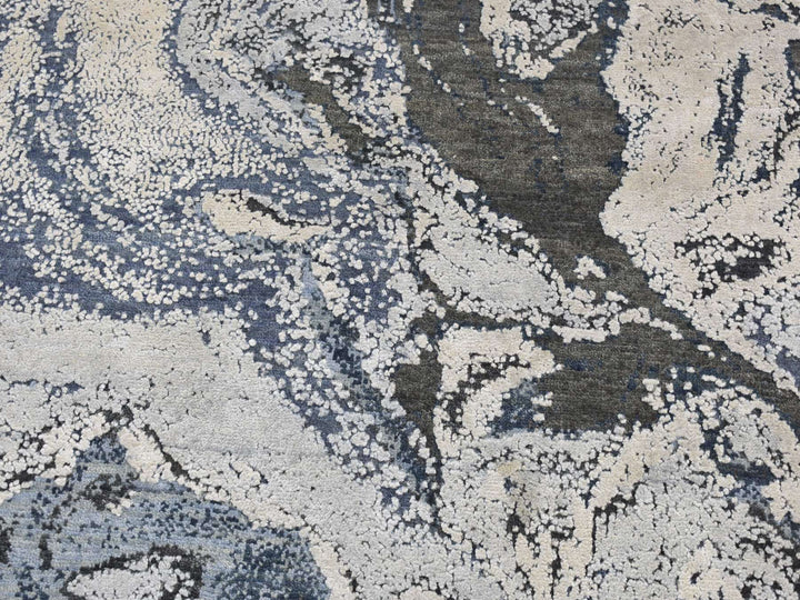 8'1" x 8'1" New Hand Knotted Blue Wool & Silk Round Oriental Rug - MOA10287362