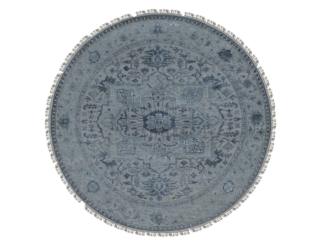 8'1" x 8'1" New Hand Knotted Grey Wool & Silk Round Oriental Rug - MOA10287366