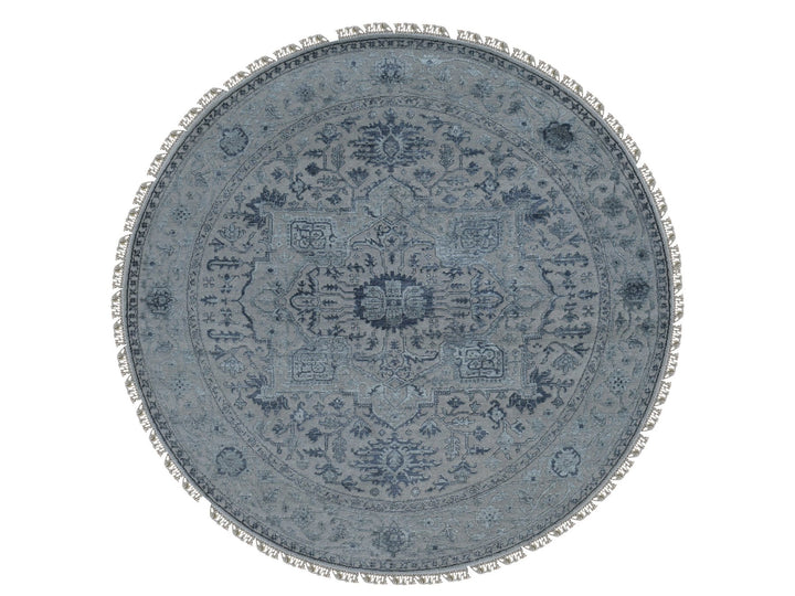 8'1" x 8'1" New Hand Knotted Grey Wool & Silk Round Oriental Rug - MOA10287366
