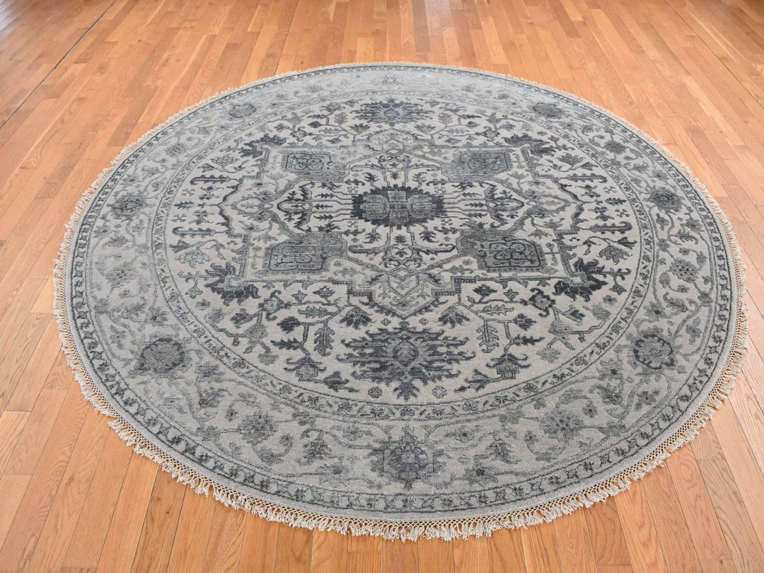 8'1" x 8'1" New Hand Knotted Grey Wool & Silk Round Oriental Rug - MOA10287366