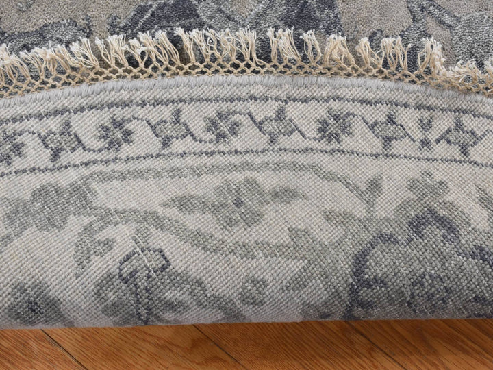 8'1" x 8'1" New Hand Knotted Grey Wool & Silk Round Oriental Rug - MOA10287366