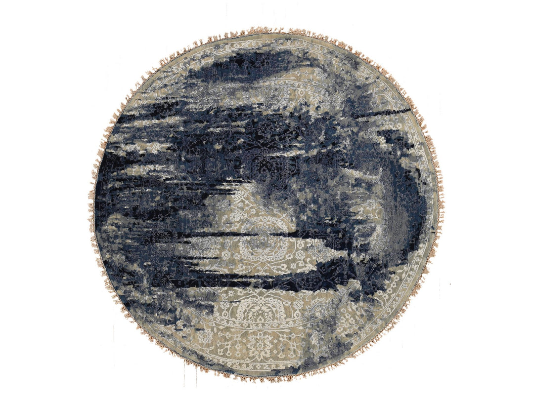 7'10" x 7'10" New Hand Knotted Blue Wool & Silk Round Oriental Rug - MOA10287367