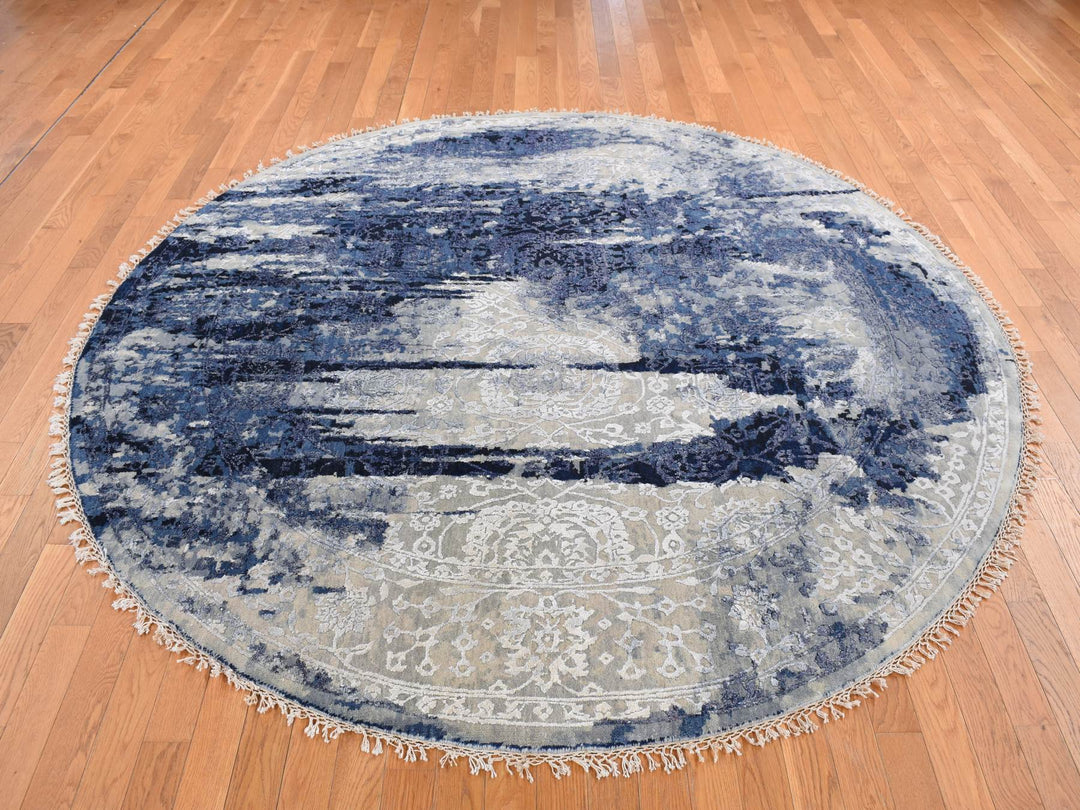 7'10" x 7'10" New Hand Knotted Blue Wool & Silk Round Oriental Rug - MOA10287367
