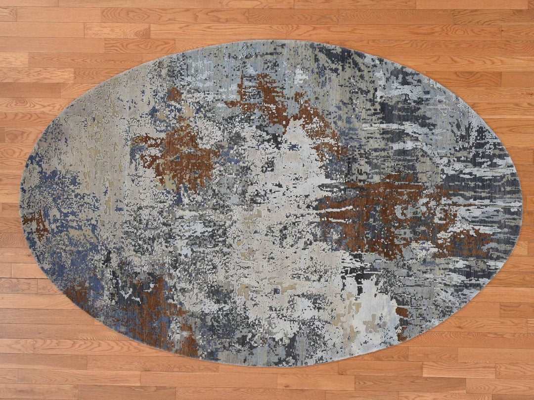 6'0" x 9'0" New Hand Knotted Brown Wool & Silk Round Oriental Rug - MOA10287370