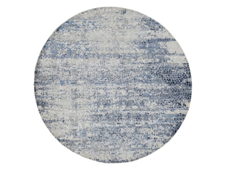 6'0" x 6'0" New Hand Knotted Blue Wool & Silk Round Oriental Rug - MOA10287374
